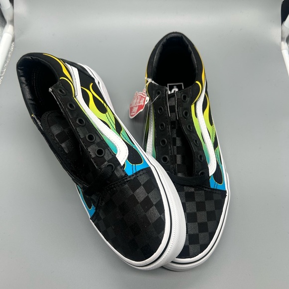 Vans Black and Green Flame Slip-On Shoes - Picture 1 of 7
